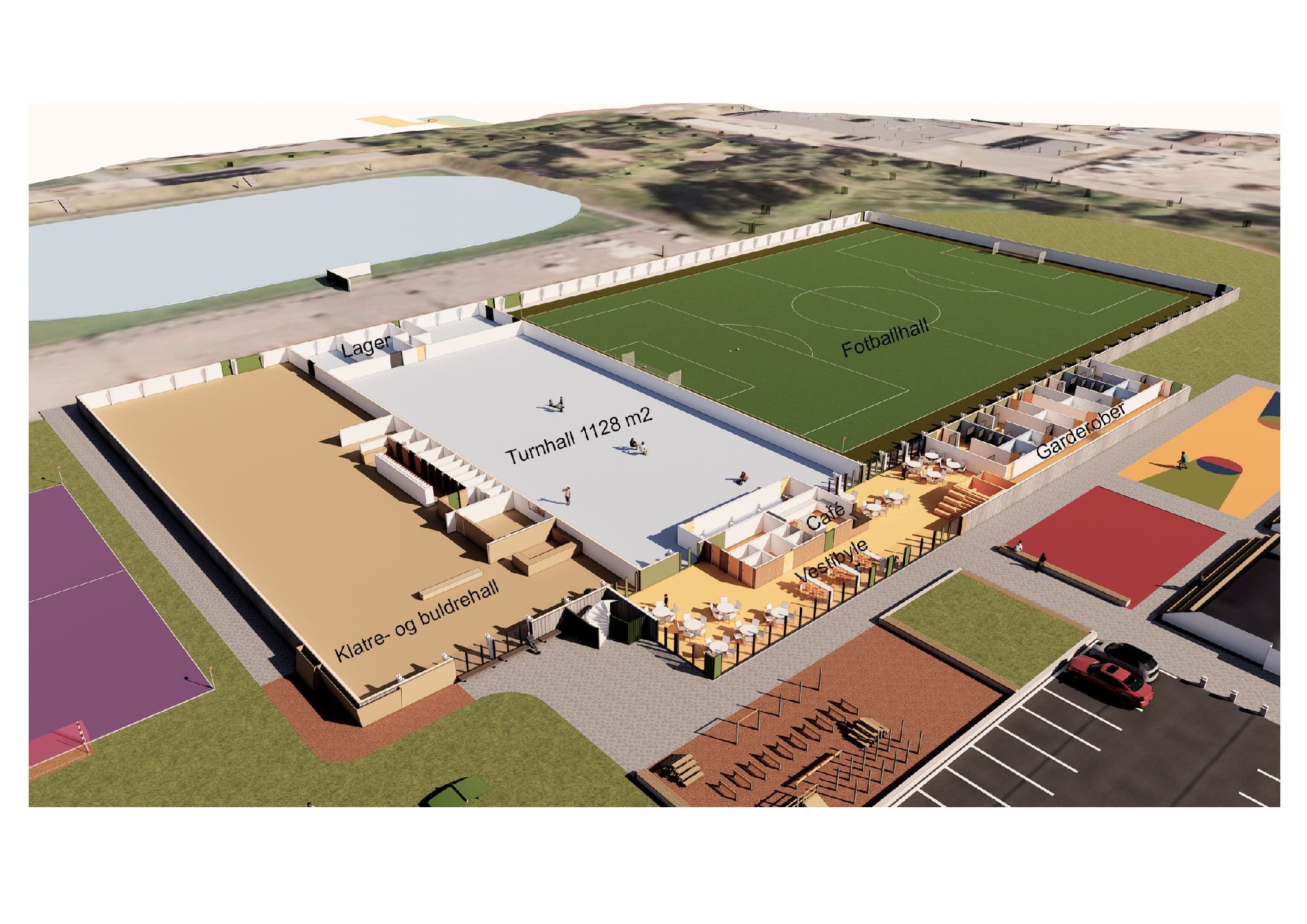 Prosjektoversikt med fotballhall, turnhall, klatre- og buldrehall, garderober og utepark
