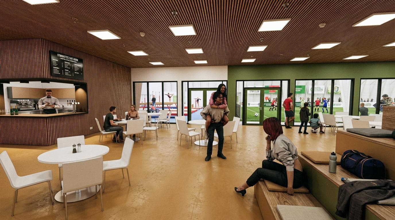 Illustrasjon av foajé og kafé med sosiale møteplasser